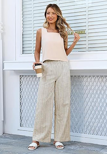 Women’s Striped Wide Leg Pants Causal Elastic High Waist Full Length Trousers with Pockets