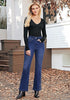 Darkness Blue Women's High Waisted Flared Jeans Rhinestone Side Stripes Comfort Stretch Functional Pockets