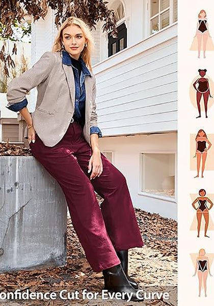 Wine Red Women's Casual High Waist Pocket Polyester Relaxed Fit Wide Leg Pants