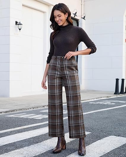 Brown & Gray Plaid Palazzo Pants Women High Waist Wide Leg Trousers with Pockets Comfort Fall Winter Vintage Office