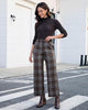 Brown & Gray Plaid Palazzo Pants Women High Waist Wide Leg Trousers with Pockets Comfort Fall Winter Vintage Office