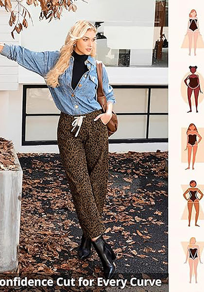 Women's Leopard Print Wide Leg Pants with Drawstring Elastic Waist Casual Loose Trousers for Summer Lounge & Vacation