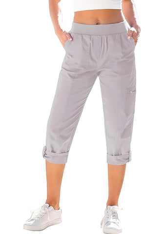 Light Gray Women Waist High Waist Slight Stretch Capri Elastic Wais