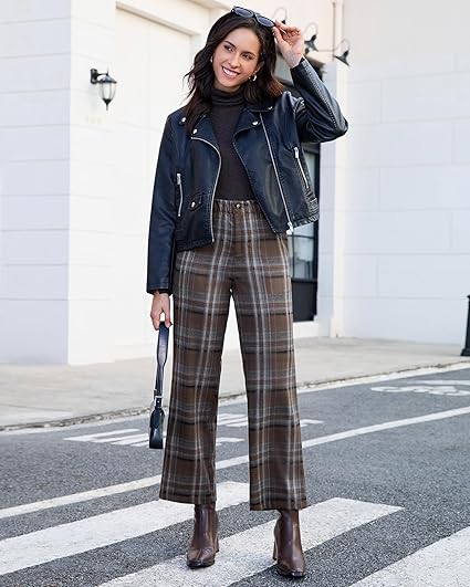 Brown & Gray Plaid Palazzo Pants Women High Waist Wide Leg Trousers with Pockets Comfort Fall Winter Vintage Office
