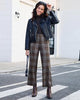 Brown & Gray Plaid Palazzo Pants Women High Waist Wide Leg Trousers with Pockets Comfort Fall Winter Vintage Office