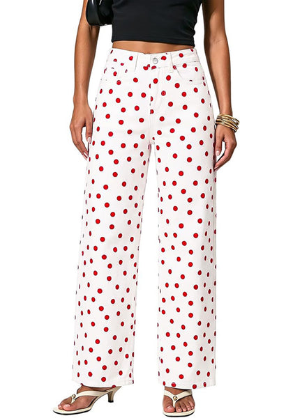 LookbookStore Wide Leg Jeans for Women High Waisted Polka Dot Stretch Denim Pants | Polka Dot, 90s Baggy Straight, High Rise, 29.5 Inch Inseam, Stretchy Jean Pants, Classic 5 Pockets, Business Casual Outfits