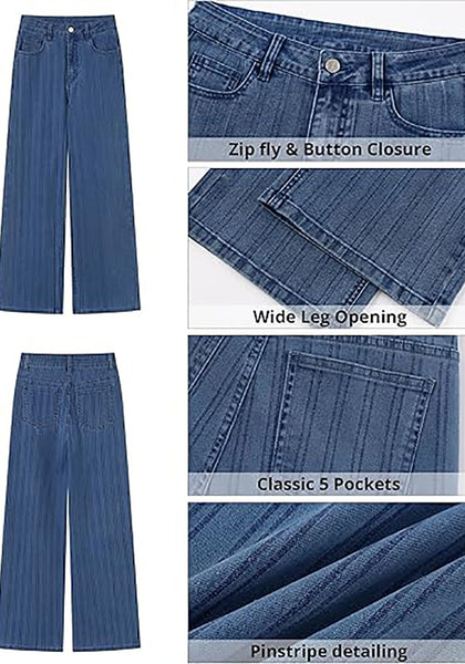 High Waisted Striped Wide Leg Jeans for Women Vintage Denim Loose Fit Casual Pants