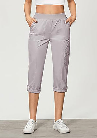 Light Gray Women Waist High Waist Slight Stretch Capri Elastic Wais