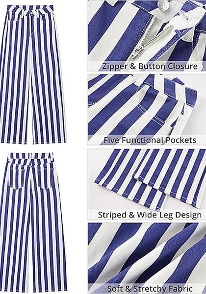 Women's Fashion High Waist Wide Leg Loose Fit Blue White Striped Denim Jeans