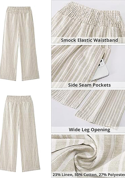 Women’s Striped Wide Leg Pants Causal Elastic High Waist Full Length Trousers with Pockets