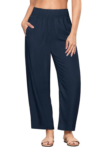 Dark Blue Women's Casual High Waisted Lightweight Lounge Barrel Cropped Pants Soft Smocked Comfort Wear