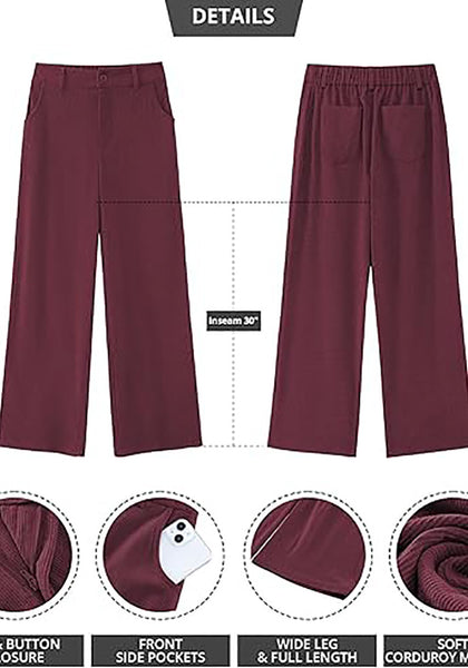 Wine Red Women's Casual High Waist Pocket Polyester Relaxed Fit Wide Leg Pants