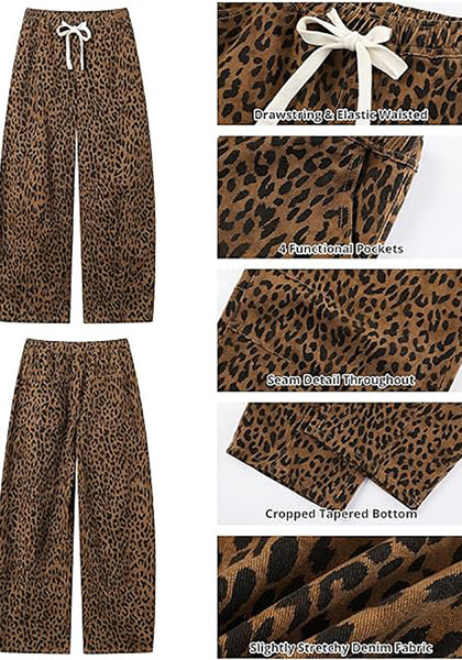 Women's Leopard Print Wide Leg Pants with Drawstring Elastic Waist Casual Loose Trousers for Summer Lounge & Vacation