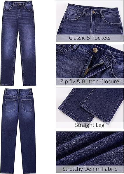 Darkness Blue High Waist Denim Pants Straight Leg Comfort Stretch Jeans Full Length Jeans with Pockets Casual