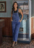 LookbookStore Women's Heart Classic Blue Embroidered Denim Overalls, Loose Fit Wide Leg Capri Bib Overall, Stretchy Raw Hem Summer Jean Jumpsuit