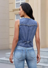 LookbookStore Women Wategos Blue Casual Sleeveless Denim Vest Button Down Braided Adjustable Waist Western Jean Waistcoat