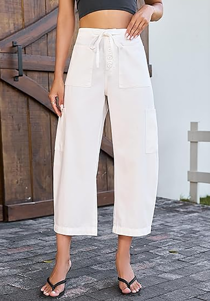 LookbookStore Women's Cream White Trendy Barrel Jeans, High Rise Wide Leg Baggy Denim Pants with Elastic Drawstring Waist & Button Fly