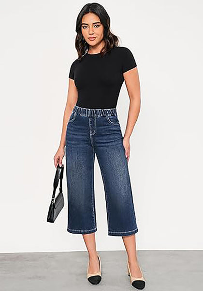 Vintage Blue Women's Denim Capri Elastic Waist High Waist Pant Pocket