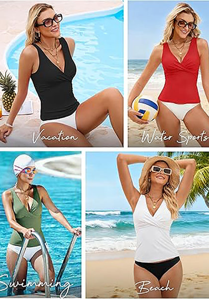 Tankini Tops for Women Deep V Neck Front Ruched  Swimwear with Adjustable Wide Straps