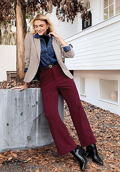 Wine Red Women's Casual High Waist Pocket Polyester Relaxed Fit Wide Leg Pants