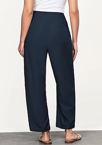 Dark Blue Women's Casual High Waisted Lightweight Lounge Barrel Cropped Pants Soft Smocked Comfort Wear
