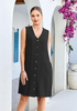 LookbookStore Women's  Black Knee Length Linen Dress – Sleeveless V Neck Button Down, Self Tie Waist & Side Pockets