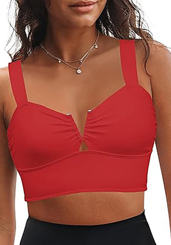 Red Bikini Tops for Women's Midkini Padded Ruffle V-Neck Swimwear Tankini Top