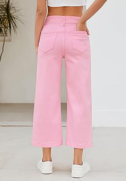 Rose Pink Women's High Waisted Wide Leg Denim Cropped Jean Pants for Curvy