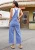 LookbookStore Women's Floral Medium Blue Embroidered Denim Overalls, Loose Fit Wide Leg Capri Bib Overall, Stretchy Raw Hem Summer Jean Jumpsuit