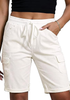 LookbookStore Women's Cream White Relaxed Fit Bermuda Shorts with Drawstring Waist and Utility Cargo Pockets