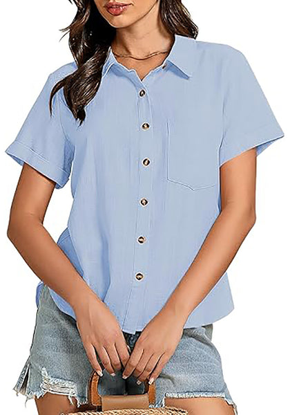 Ice Blue for Women's Lapel Button Front Short Sleeve Top Casual Blouse Button-Down Shirt