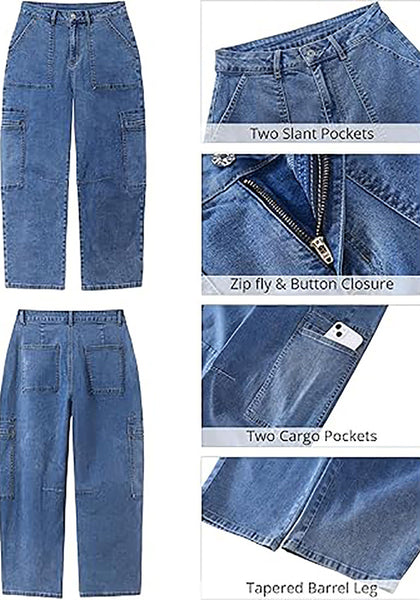 Reef Blue Women's Jeans Denim Relaxed Straight Ankle Length Barrel Cargo Pant