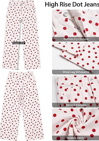LookbookStore Wide Leg Jeans for Women High Waisted Polka Dot Stretch Denim Pants | Polka Dot, 90s Baggy Straight, High Rise, 29.5 Inch Inseam, Stretchy Jean Pants, Classic 5 Pockets, Business Casual Outfits
