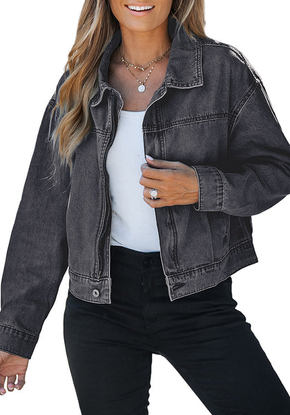 Vintage Black Women's Brief Relaxed Trucker Croped Zip Up Denim Jackets with Pockets