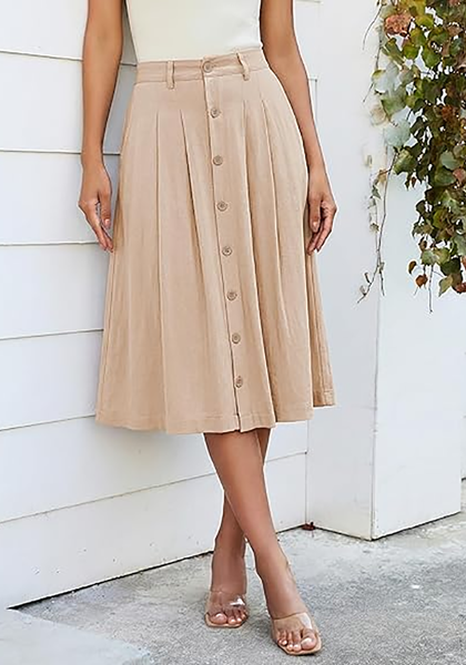 LookbookStore Women Almond Pleated Linen Midi Skirt Elastic High Waist A Line Summer Skirt with Pockets
