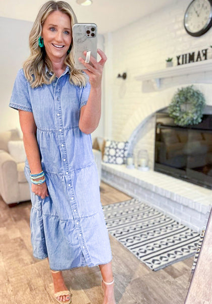 Azure Mood Women's Button Down Casual Babydoll Vacation Denim Long Dresses