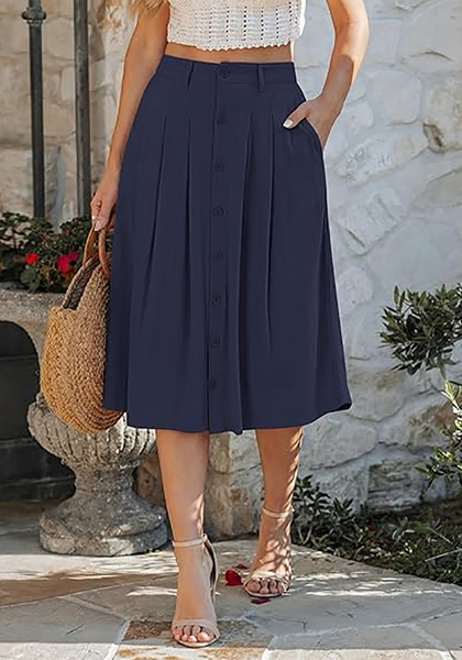 LookbookStore Women Dark Blue Pleated Linen Midi Skirt Elastic High Waist A Line Summer Skirt with Pockets