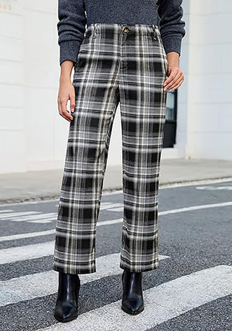 Black & White Plaid Palazzo Pants Women High Waist Wide Leg Trousers with Pockets Comfort Fall Winter Vintage Office