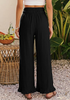 LookbookStore Women Black High Waist Linen Pants Wide Leg Ruffle Hem Elastic Waist Cropped Ankle Beach Summer Casual Pants