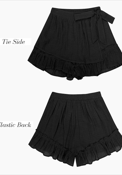 Black Women's High Waisted Ruffle Skort Elastic Waist Casual Shorts
