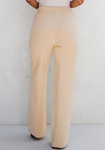 Beige Women's Full-Length Wide Leg Stretch Casual Pants Elastic Waist Relaxed Fit