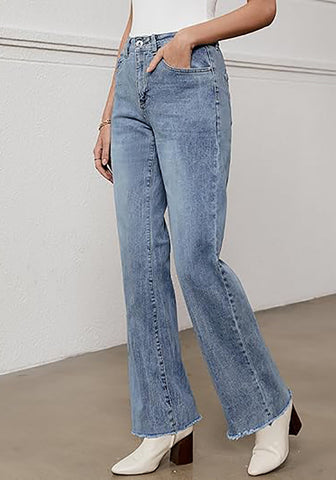 Vintage Blue - Acid Wash Women's Straight Leg Pull On Denim Pant High Waisted Stretch