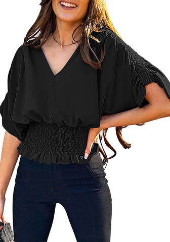 Black Women's Ruffle Sleeve V Neck Button Down Blouse Shirt Casual Work