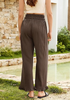 LookbookStore Women Coffee Brown High Waist Linen Pants Wide Leg Ruffle Hem Elastic Waist Cropped Ankle Beach Summer Casual Pants