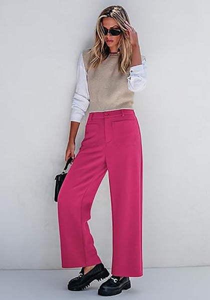 Hot Pink Women's  High Waist Relaxed Fit Wide Leg Cropped Length Style Casual Pants With Pockets