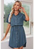 Vintage Blue Elastic Waist Curved Hem Button Down Denim Shirt Dress