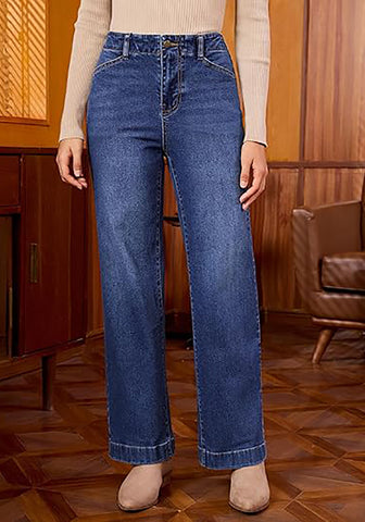 Dark Atlantic Blue Women's High Waisted Wide Leg Jeans with Comfort Stretch and Functional Pockets