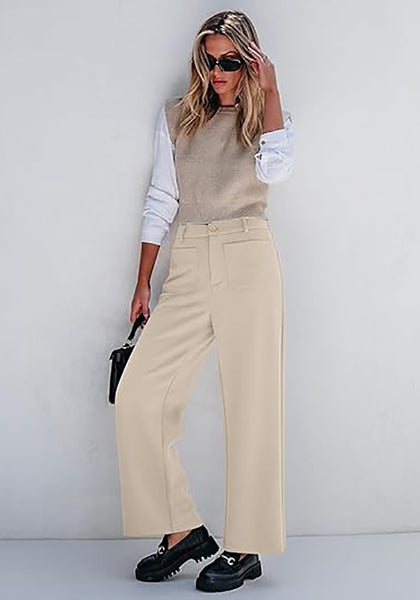 Light Khaki Women's High Waisted Wide Leg Knit Lounge Pant with Pockets