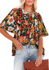 Black Orange Floral Women's Casual Floral Print Short Sleeve Flowy Babydoll Tops