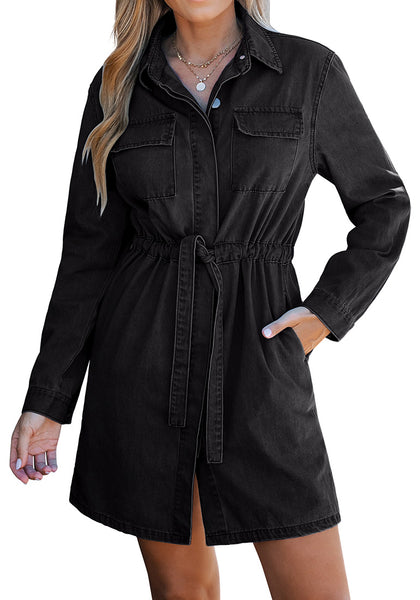 Washed Black Women's Fashion Brief Dress Casual Denim Button Down Long Sleeve Knee-Length Short Dress with Pockets